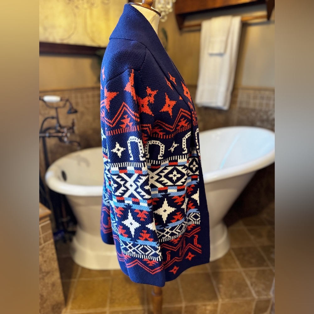 NWT Lucky Brand Geometric Navy and Red Cardigan with horse shoes size large - Picture 5 of 10